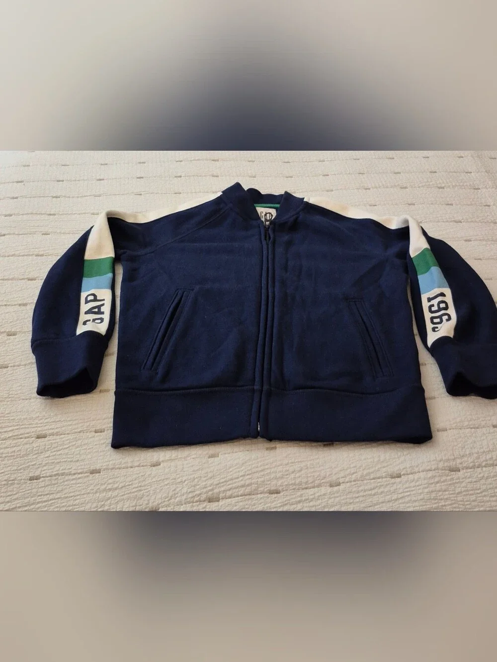 GAP Navy Jacket with Cream and Green Logo Stripe